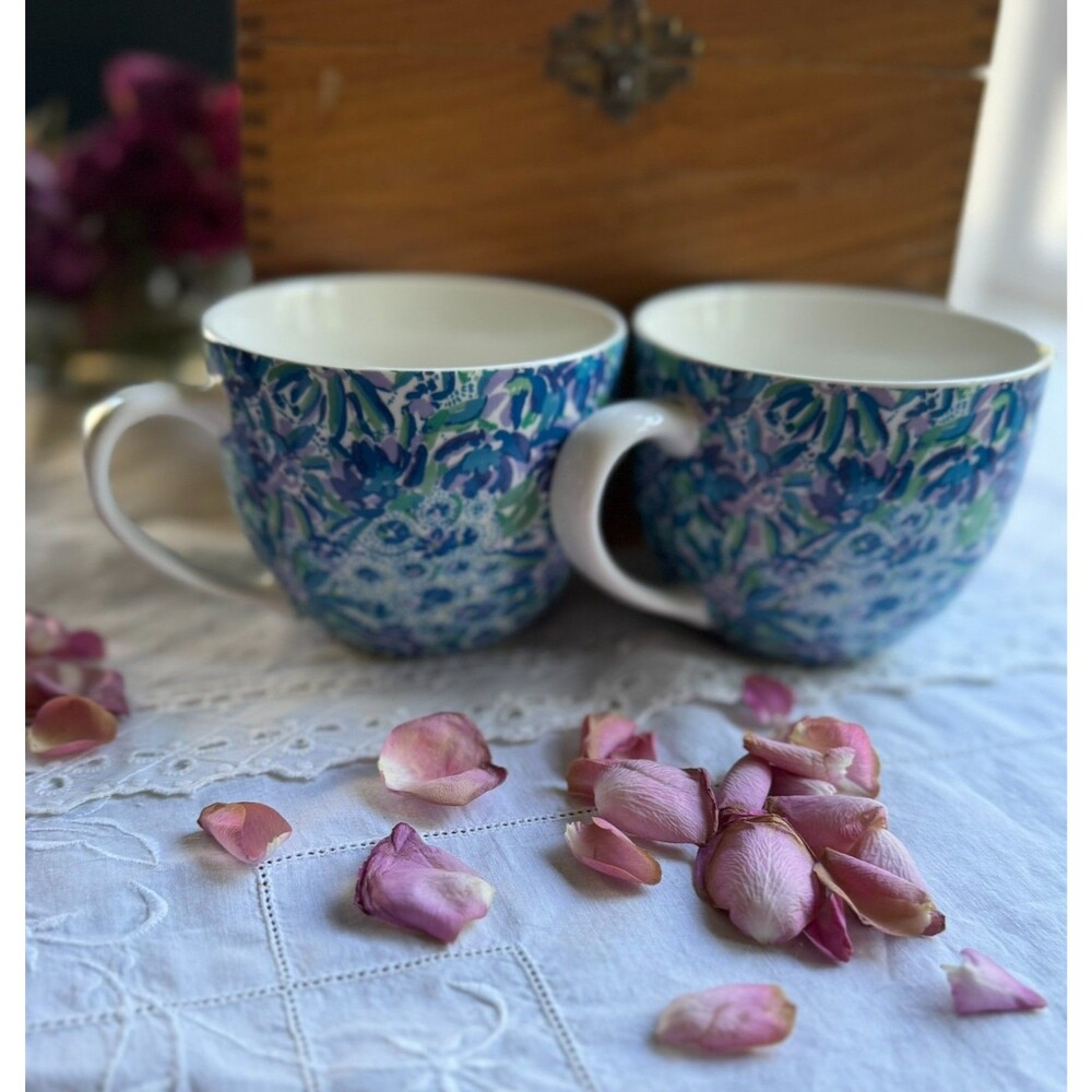 Lilly Pulitzer Set 2 Mugs Blue Green Floral Tropical Print Preppy Coastal Cups - Picture 14 of 16